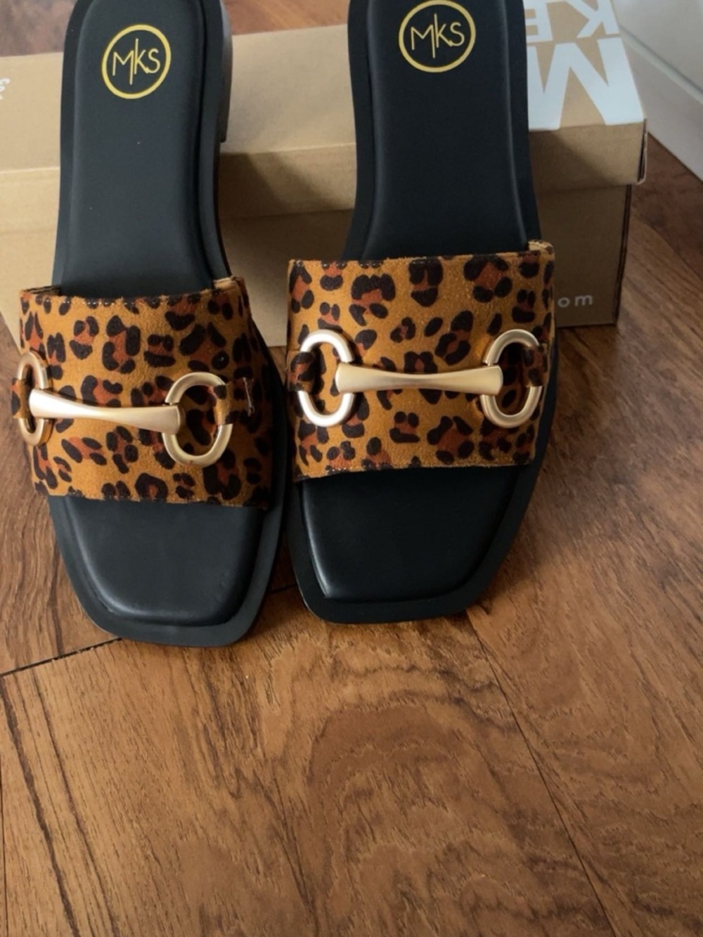 MKS Leopard-Print Slide Sandals with Gold-Tone size 10 ready to ship